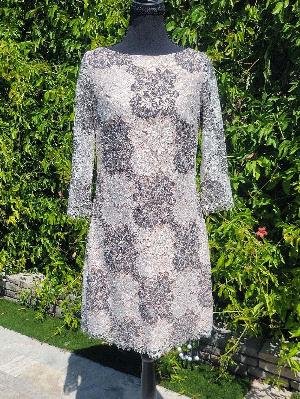 Floral Lace Overlay Midi Dress With Unlined Lace  Long-Sleeve  Sz 6